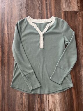 Waffle Knit Henley Top in Sage with Cream Trim